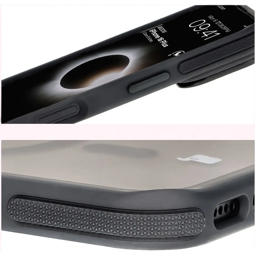 Etui z podstawką i pierścieniem magnetycznym Bizon Case Eclipse do Apple iPhone 16 Plus przydymione z czarną ramką