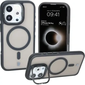 Kup Etui z podstawką i pierścieniem magnetycznym Bizon Case Eclipse do Apple iPhone 16 Pro przydymione z czarną ramką - BIZ6483 - {ean13} - Sklep Home Screen