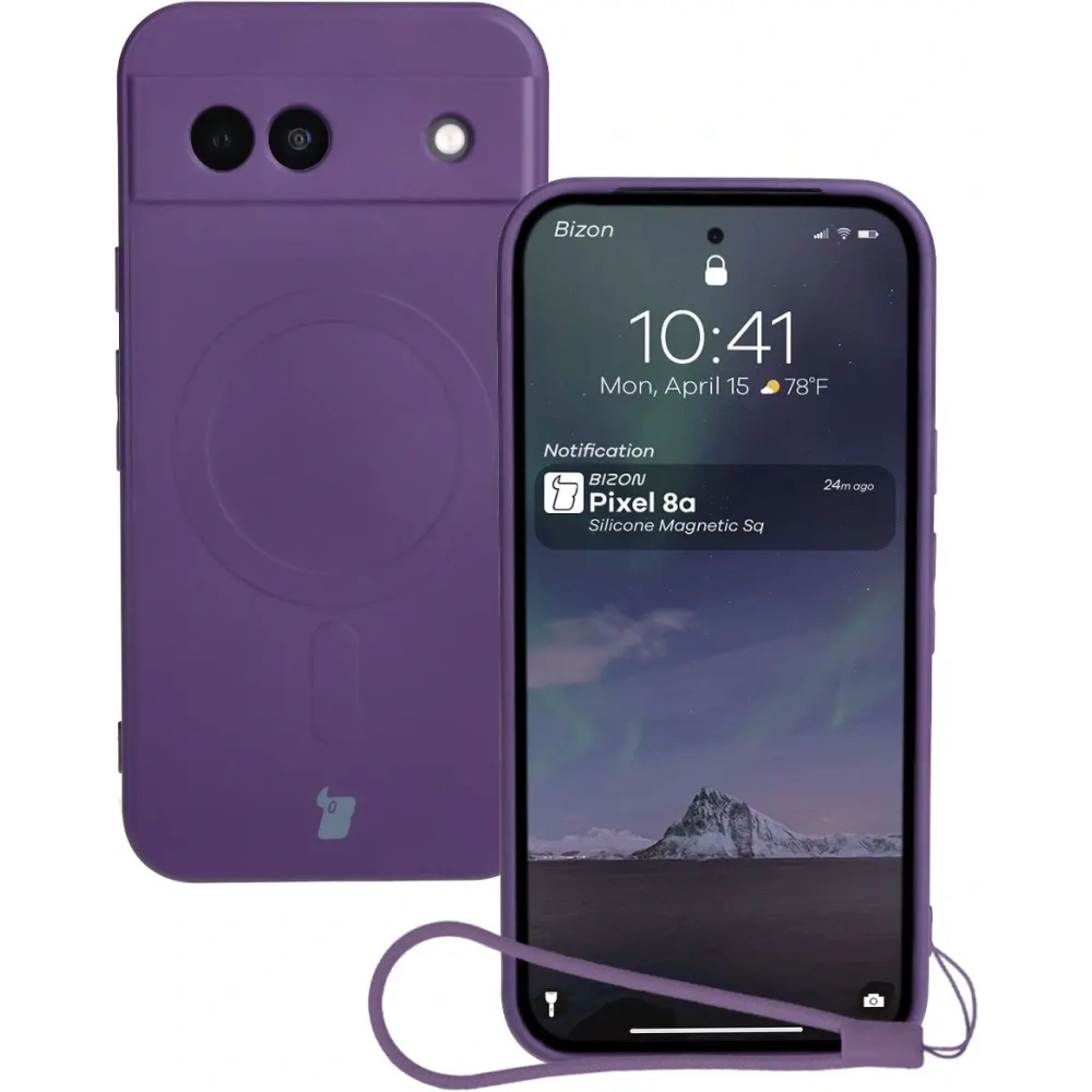 Silikonowe etui z pierścieniem magnetycznym Bizon Case Silicone Magnetic Sq do Google Pixel 8a śliwkowe