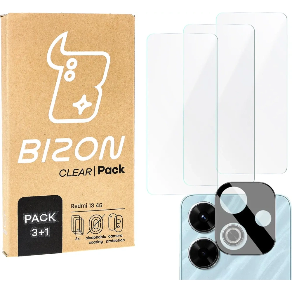 2x Szkło hartowane na ekran z ramką + szkło na aparat Bizon Edge do Xiaomi Redmi 13 4G