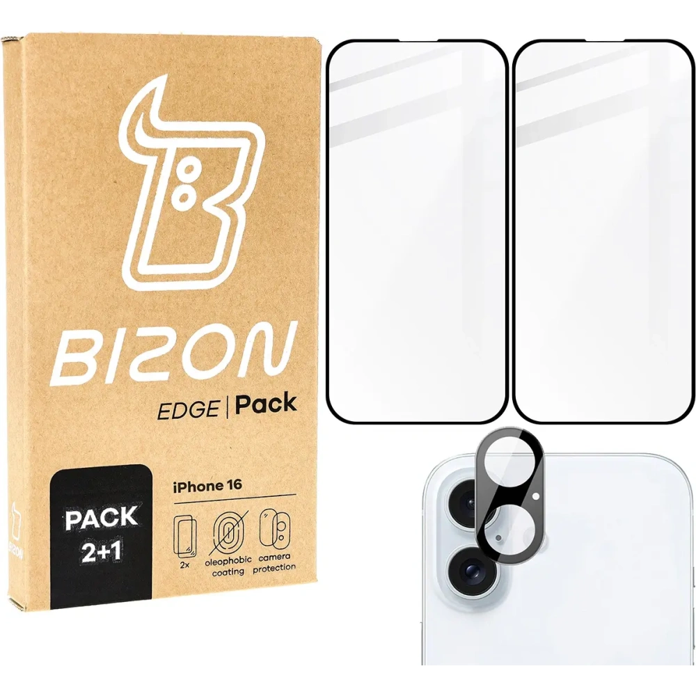 2x Szkło hartowane na ekran z ramką + szkło na aparat Bizon Edge do Apple iPhone 16