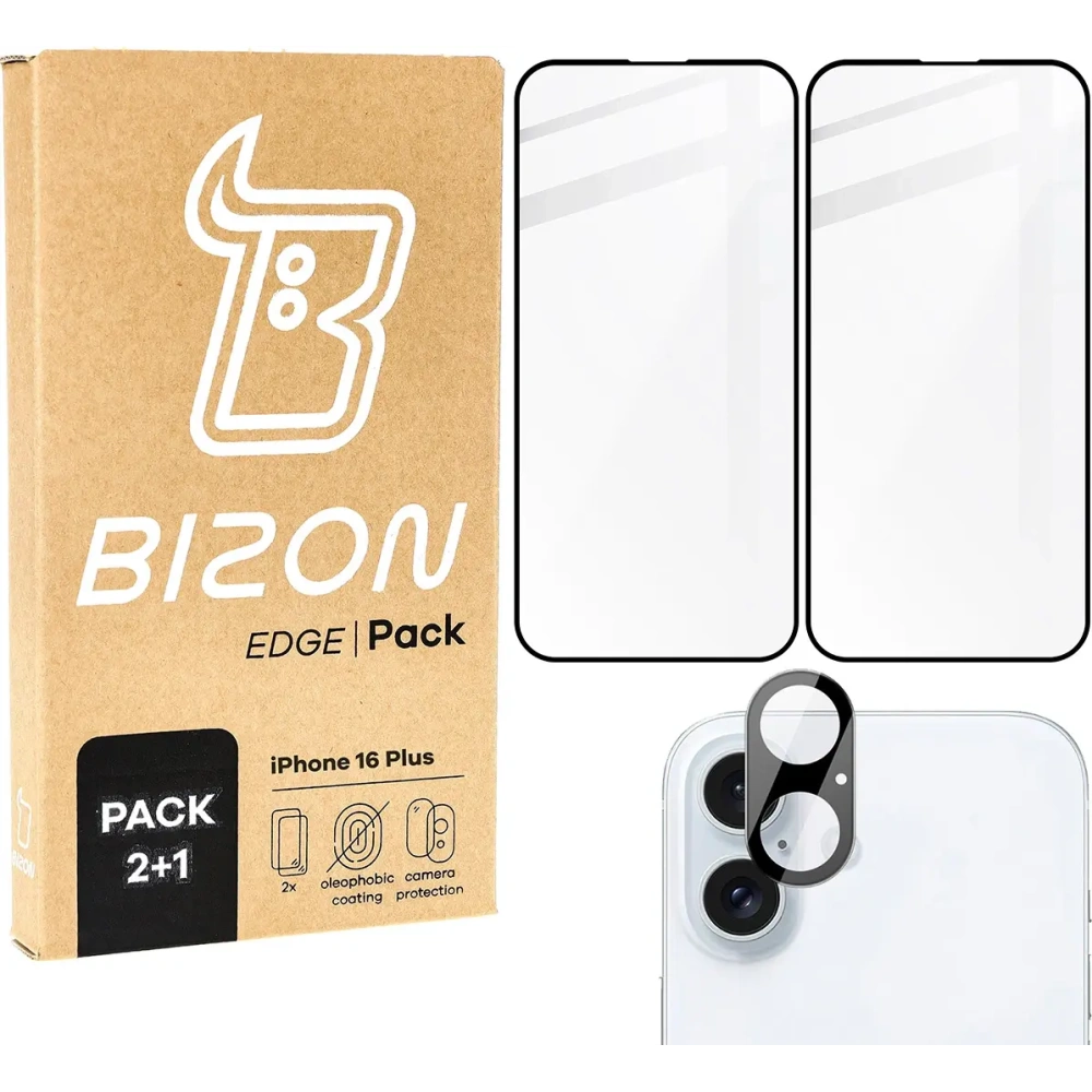 2x Szkło hartowane na ekran z ramką + szkło na aparat Bizon Edge do Apple iPhone 16 Plus