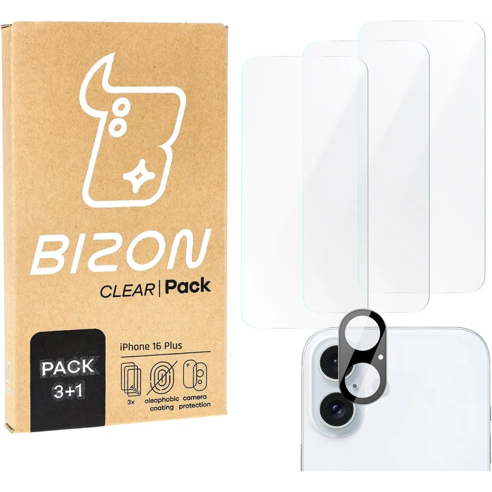 3x Szkło na ekran + szkło na aparat BIZON Clear do Apple iPhone 16 Plus