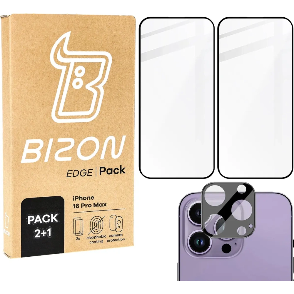 2x Szkło hartowane na ekran z ramką + szkło na aparat Bizon Edge do Apple iPhone 16 Pro Max