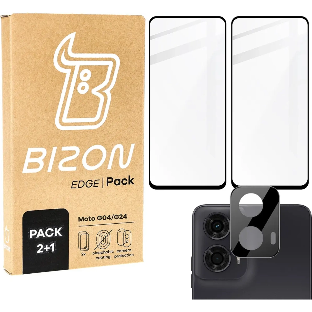 2x Szkło hartowane na ekran z ramką + szkło na aparat Bizon Edge do Motorola Moto G04/G24