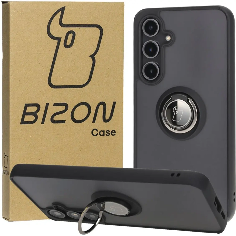 Etui z uchwytem na palec Bizon Case Hybrid Ring do Samsung Galaxy S24 FE przydymione z czarną ramką