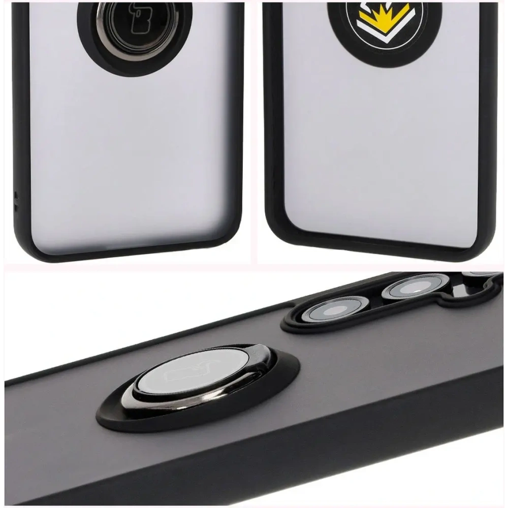 Etui z uchwytem na palec Bizon Case Hybrid Ring do Samsung Galaxy S24 FE przydymione z czarną ramką