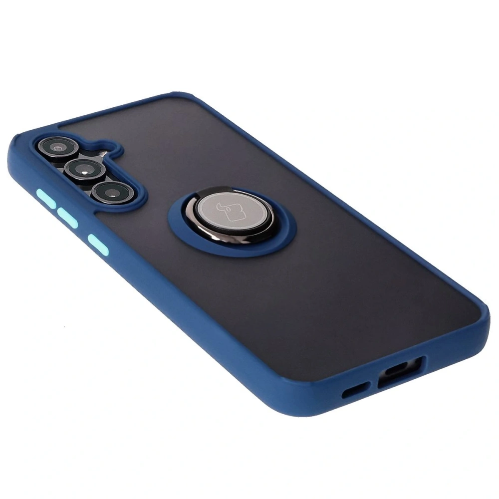 Etui z uchwytem na palec Bizon Case Hybrid Ring do Samsung Galaxy S24 FE przydymione z granatową ramką