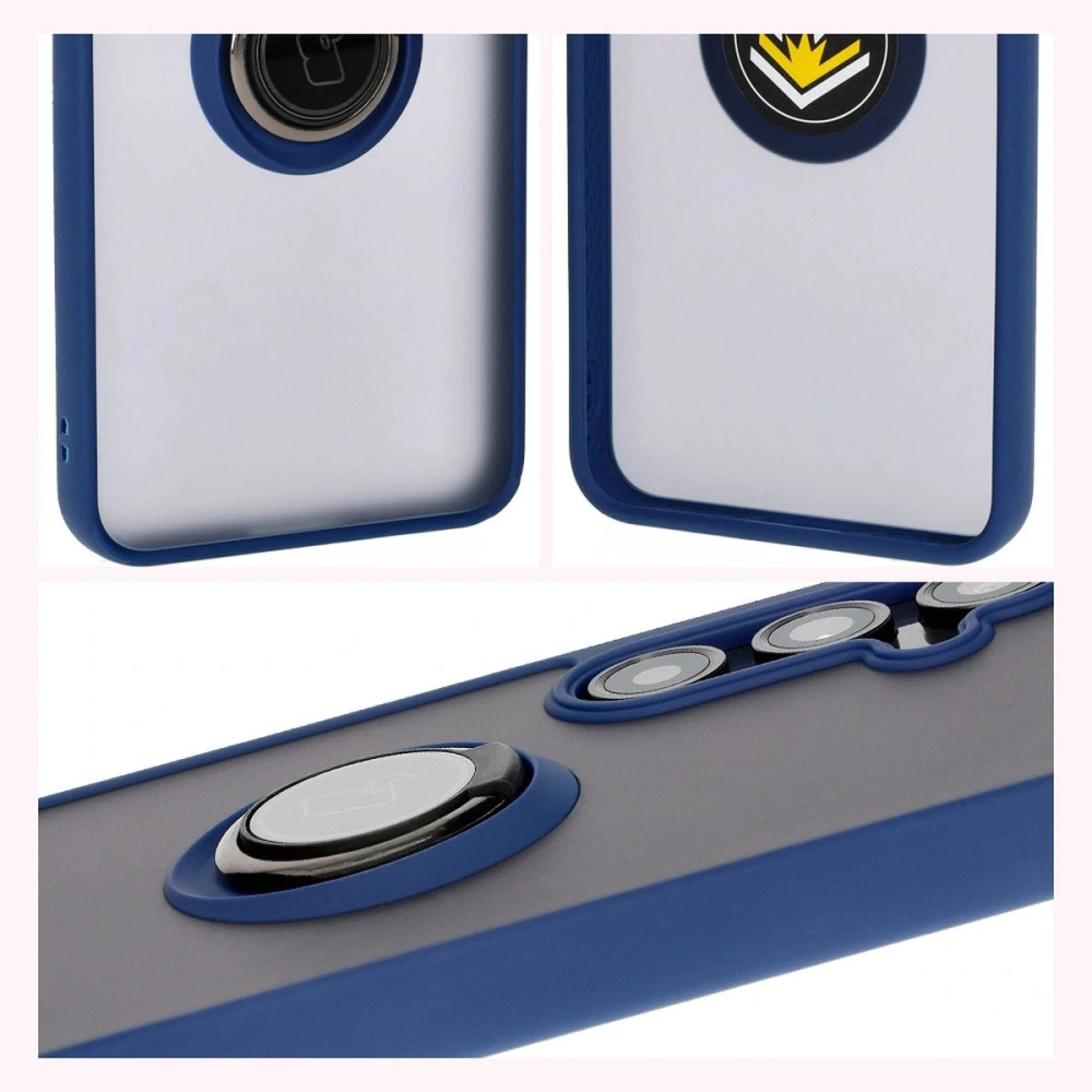 Etui z uchwytem na palec Bizon Case Hybrid Ring do Samsung Galaxy S24 FE przydymione z granatową ramką