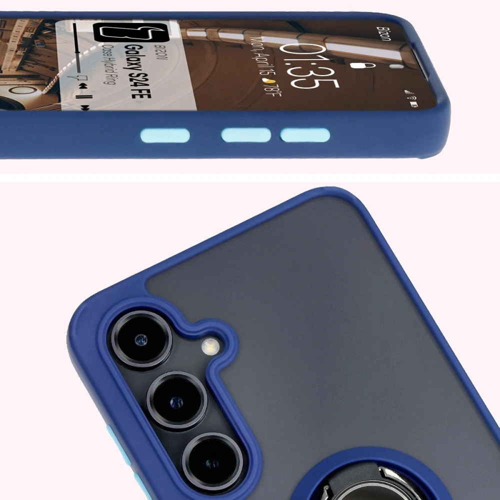 Etui z uchwytem na palec Bizon Case Hybrid Ring do Samsung Galaxy S24 FE przydymione z granatową ramką