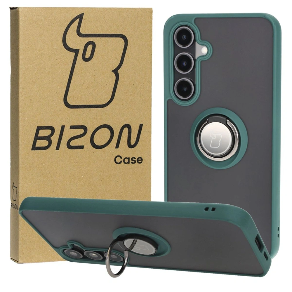 Etui z uchwytem na palec Bizon Case Hybrid Ring do Samsung Galaxy S24 FE przydymione z ciemnozieloną ramką