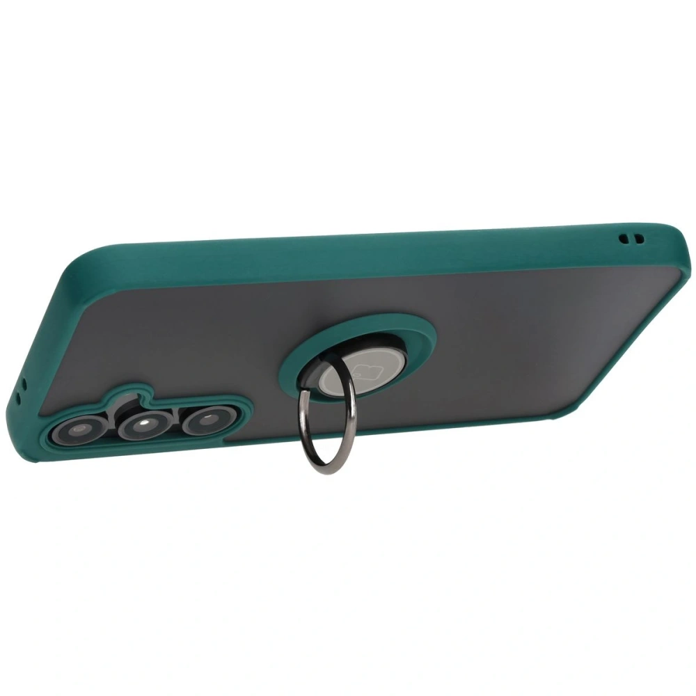 Etui z uchwytem na palec Bizon Case Hybrid Ring do Samsung Galaxy S24 FE przydymione z ciemnozieloną ramką