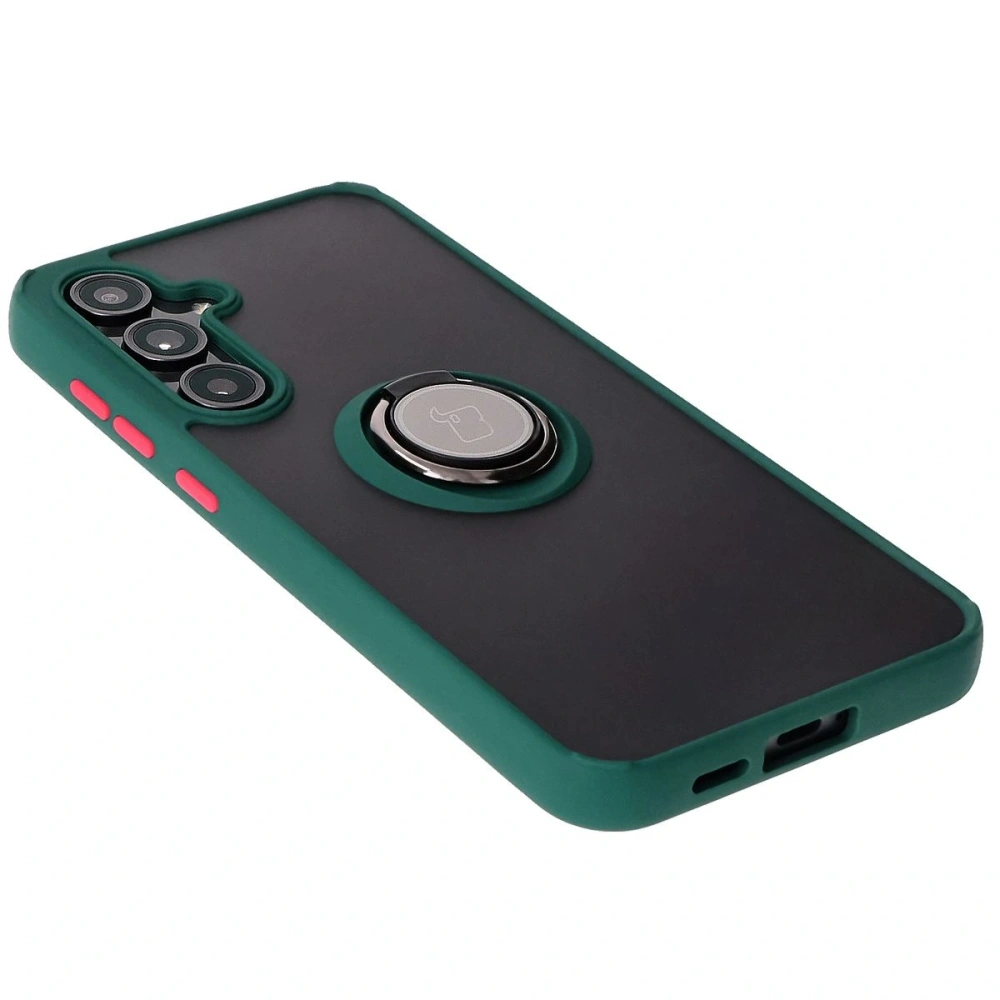 Etui z uchwytem na palec Bizon Case Hybrid Ring do Samsung Galaxy S24 FE przydymione z ciemnozieloną ramką
