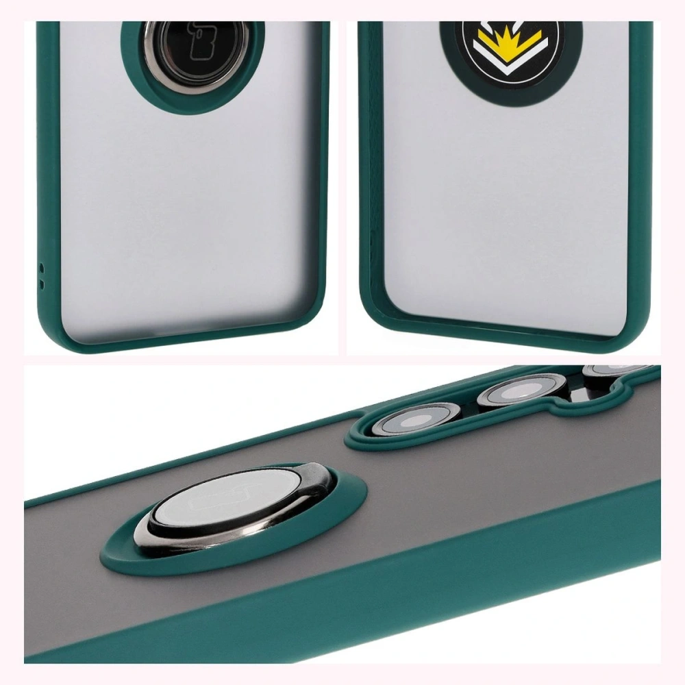 Etui z uchwytem na palec Bizon Case Hybrid Ring do Samsung Galaxy S24 FE przydymione z ciemnozieloną ramką