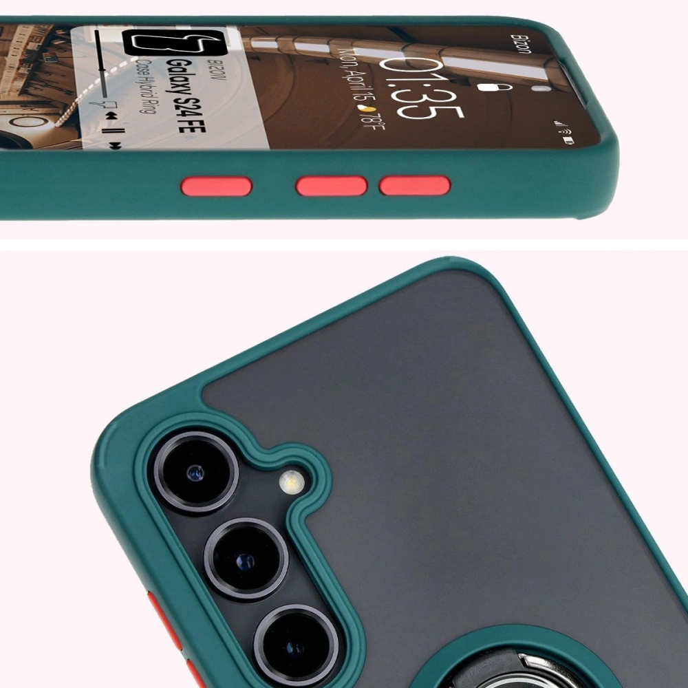 Etui z uchwytem na palec Bizon Case Hybrid Ring do Samsung Galaxy S24 FE przydymione z ciemnozieloną ramką