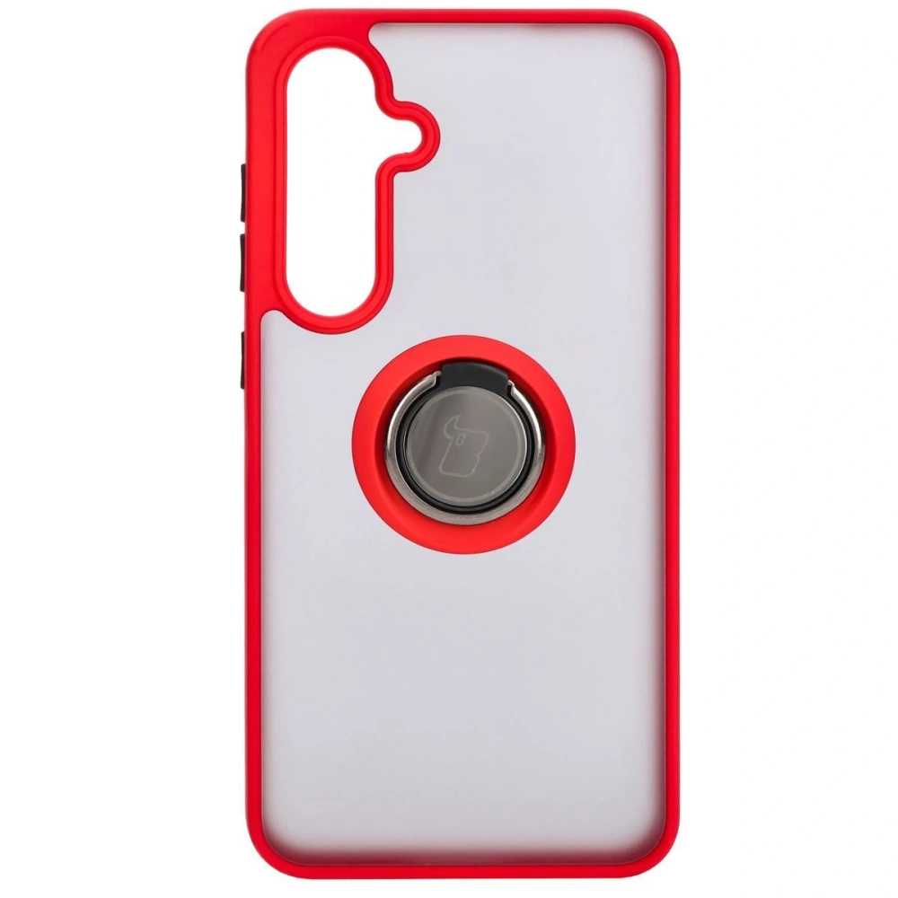 Etui z uchwytem na palec Bizon Case Hybrid Ring do Samsung Galaxy S24 FE przydymione z czerwoną ramką