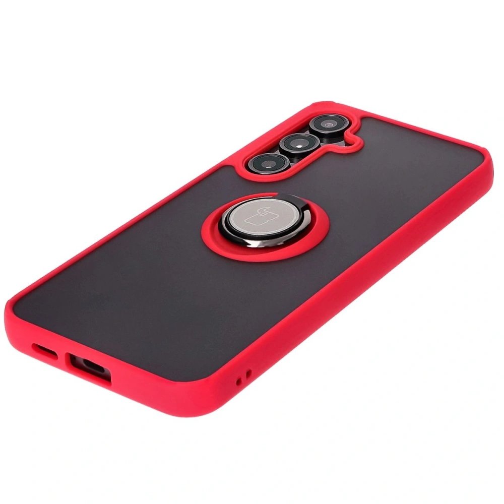 Etui z uchwytem na palec Bizon Case Hybrid Ring do Samsung Galaxy S24 FE przydymione z czerwoną ramką
