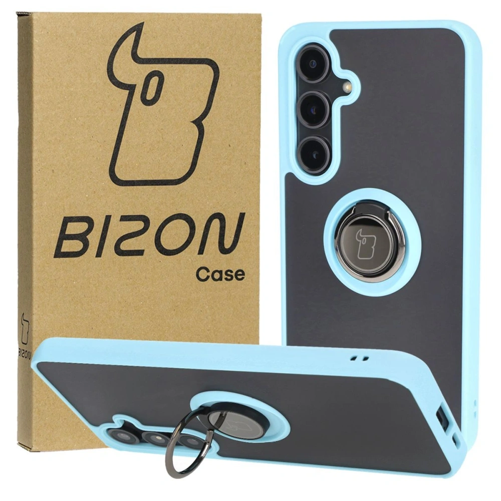 Etui z uchwytem na palec Bizon Case Hybrid Ring do Samsung Galaxy S24 FE przydymione z jasnoniebieską ramką