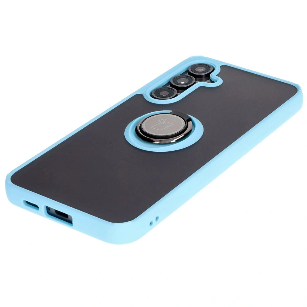 Etui z uchwytem na palec Bizon Case Hybrid Ring do Samsung Galaxy S24 FE przydymione z jasnoniebieską ramką