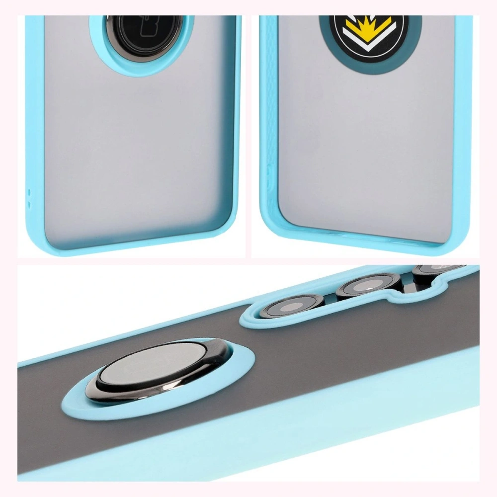 Etui z uchwytem na palec Bizon Case Hybrid Ring do Samsung Galaxy S24 FE przydymione z jasnoniebieską ramką