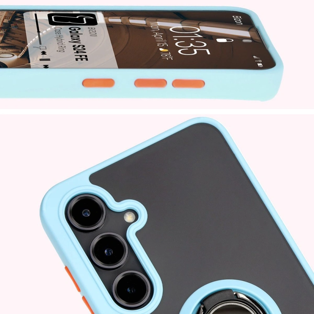 Etui z uchwytem na palec Bizon Case Hybrid Ring do Samsung Galaxy S24 FE przydymione z jasnoniebieską ramką