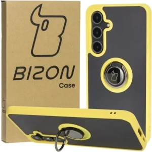 Kup Etui z uchwytem na palec Bizon Case Hybrid Ring do Samsung Galaxy S24 FE przydymione z żółtą ramką - BIZ6557 - {ean13} - Sklep Home Screen