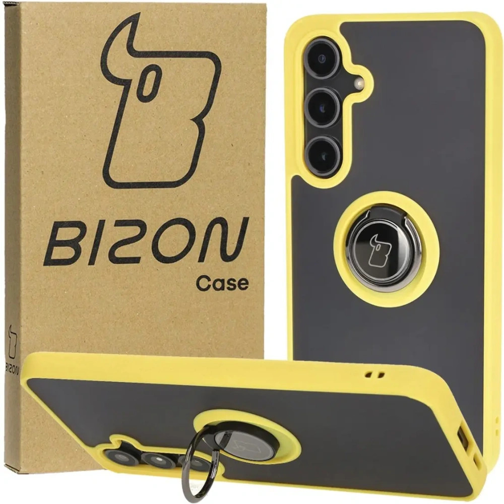 Etui z uchwytem na palec Bizon Case Hybrid Ring do Samsung Galaxy S24 FE przydymione z żółtą ramką