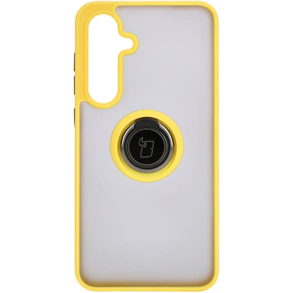 Etui z uchwytem na palec Bizon Case Hybrid Ring do Samsung Galaxy S24 FE przydymione z żółtą ramką