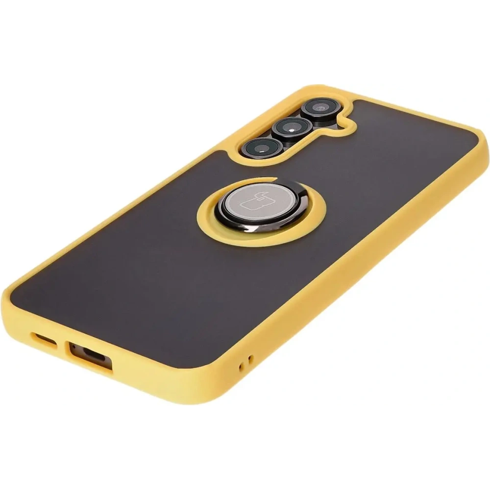 Etui z uchwytem na palec Bizon Case Hybrid Ring do Samsung Galaxy S24 FE przydymione z żółtą ramką