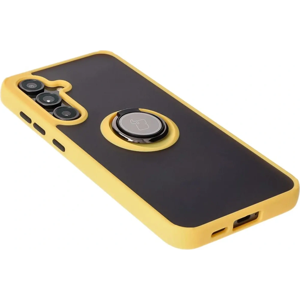 Etui z uchwytem na palec Bizon Case Hybrid Ring do Samsung Galaxy S24 FE przydymione z żółtą ramką