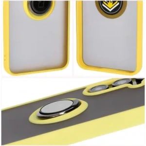 Kup Etui z uchwytem na palec Bizon Case Hybrid Ring do Samsung Galaxy S24 FE przydymione z żółtą ramką - BIZ6557 - {ean13} - Sklep Home Screen