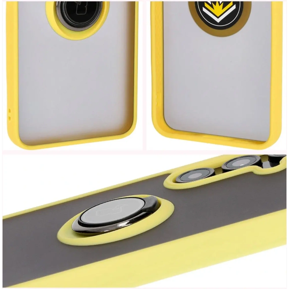 Etui z uchwytem na palec Bizon Case Hybrid Ring do Samsung Galaxy S24 FE przydymione z żółtą ramką