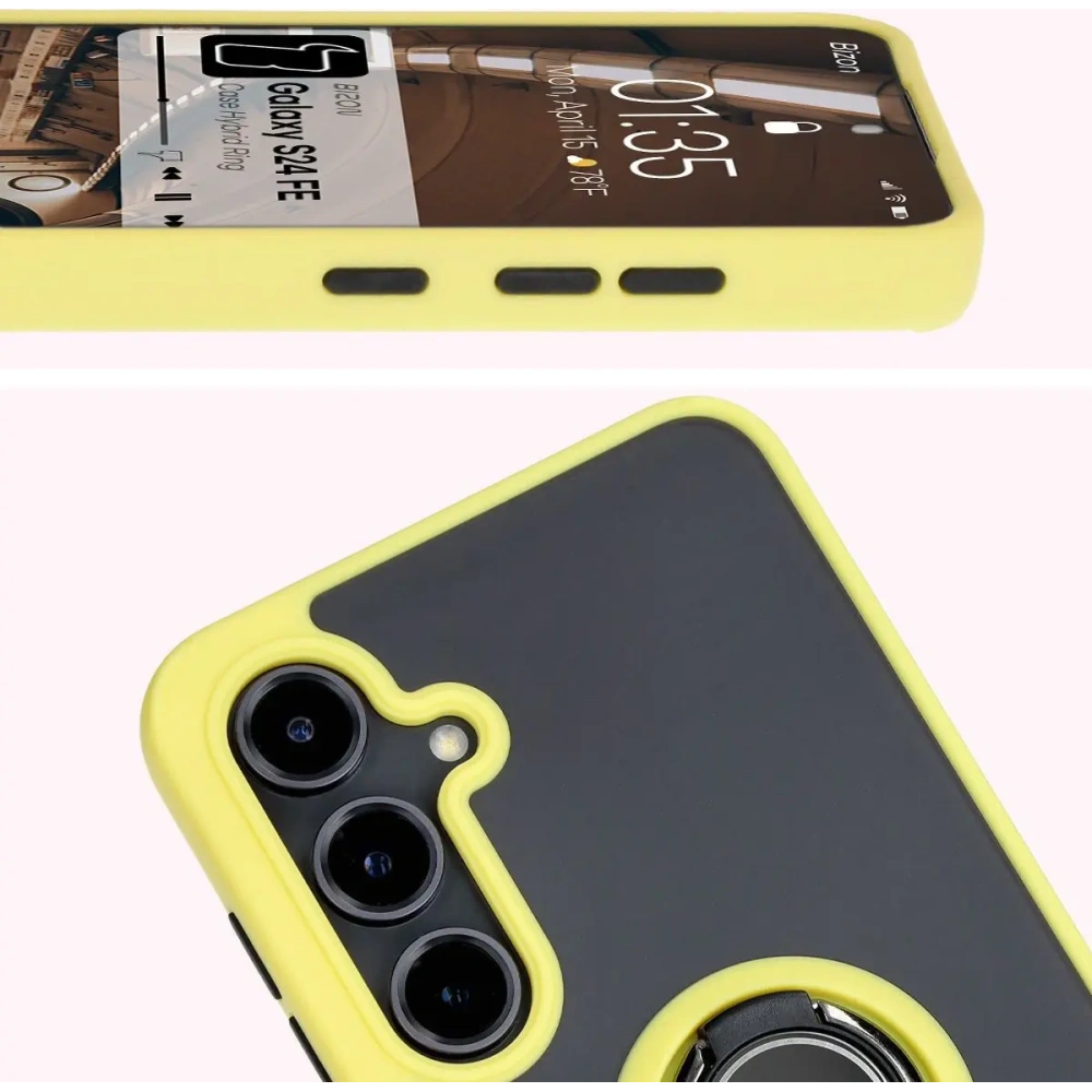 Etui z uchwytem na palec Bizon Case Hybrid Ring do Samsung Galaxy S24 FE przydymione z żółtą ramką