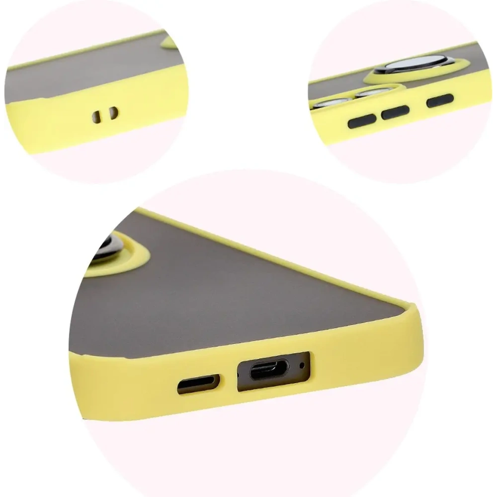 Etui z uchwytem na palec Bizon Case Hybrid Ring do Samsung Galaxy S24 FE przydymione z żółtą ramką