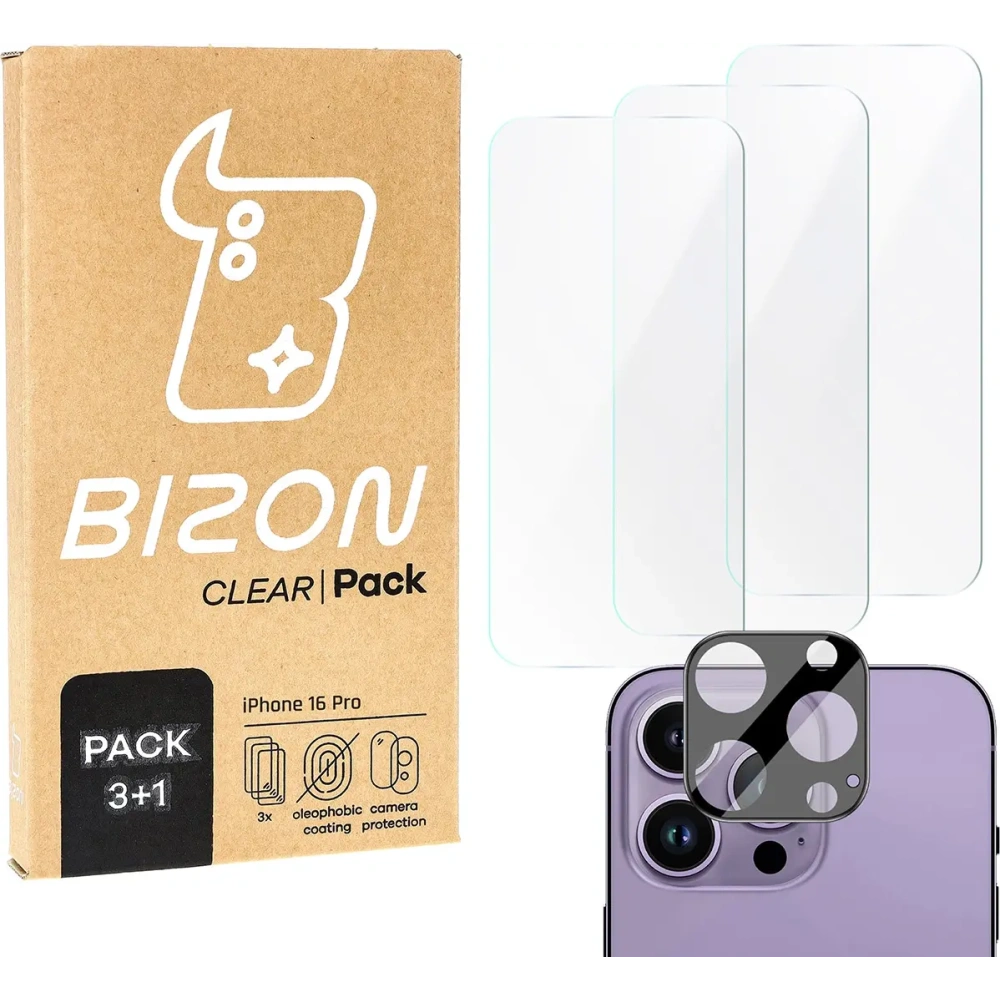 3x Szkło na ekran + szkło na aparat Bizon Clear do Apple iPhone 16 Pro