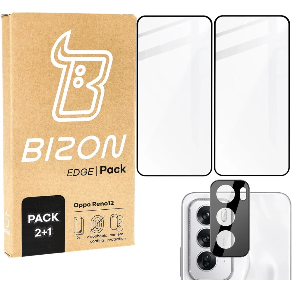 2x Szkło hartowane na ekran z ramką + szkło na aparat Bizon Edge 3D Pack do Oppo Reno 12