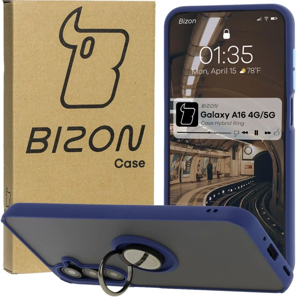 Etui z uchwytem na palec Bizon Case Hybrid Ring do Samsung Galaxy A16 4G/5G przydymione z granatową ramką