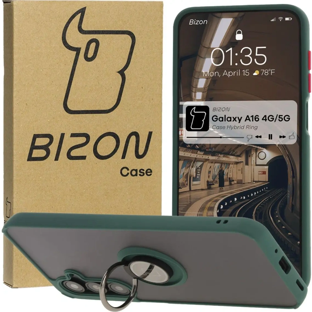 Etui z uchwytem na palec Bizon Case Hybrid Ring do Samsung Galaxy A16 4G/5G przydymione z ciemnozieloną ramką