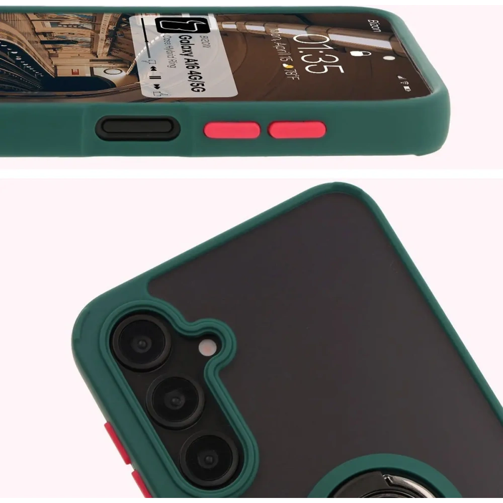 Etui z uchwytem na palec Bizon Case Hybrid Ring do Samsung Galaxy A16 4G/5G przydymione z ciemnozieloną ramką