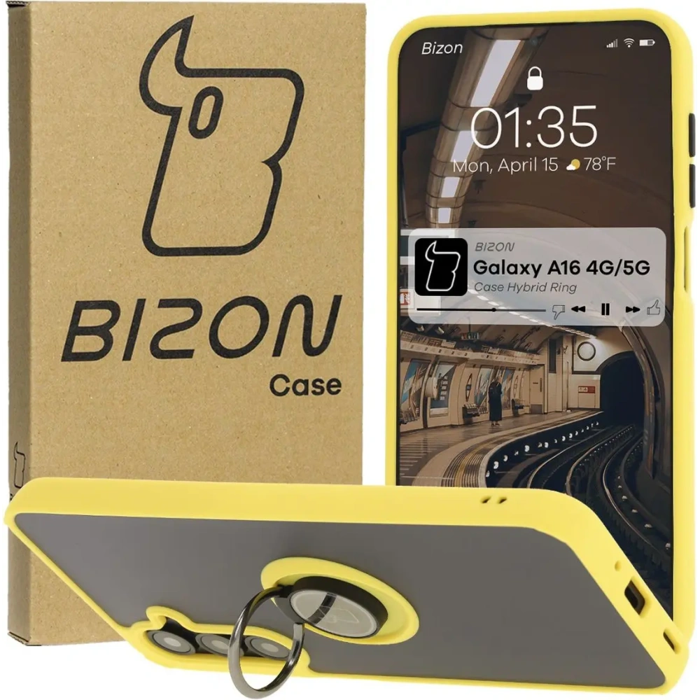 Etui z uchwytem na palec Bizon Case Hybrid Ring do Samsung Galaxy A16 4G/5G przydymione z żółtą ramką