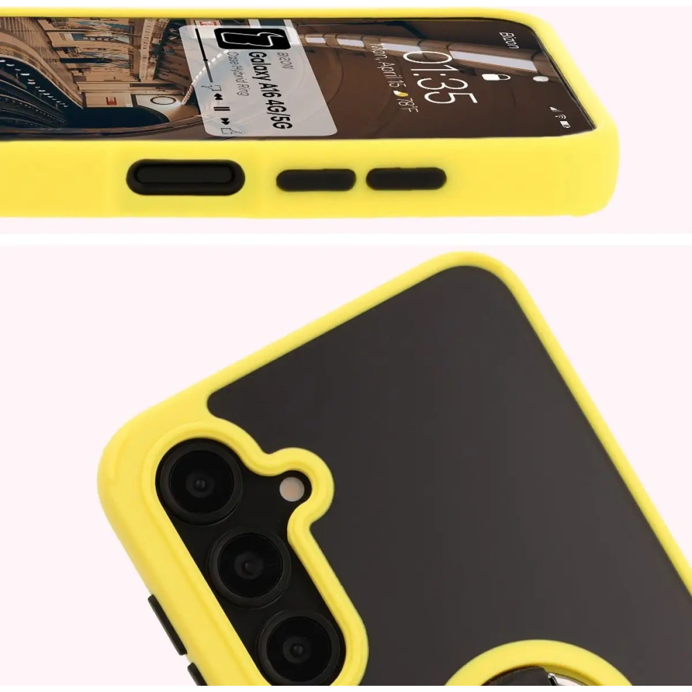 Etui z uchwytem na palec Bizon Case Hybrid Ring do Samsung Galaxy A16 4G/5G przydymione z żółtą ramką