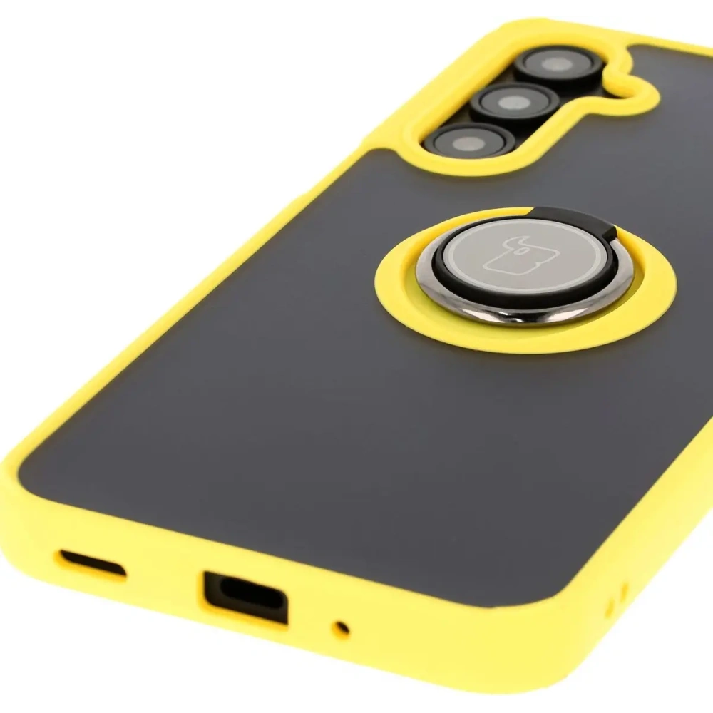 Etui z uchwytem na palec Bizon Case Hybrid Ring do Samsung Galaxy A16 4G/5G przydymione z żółtą ramką