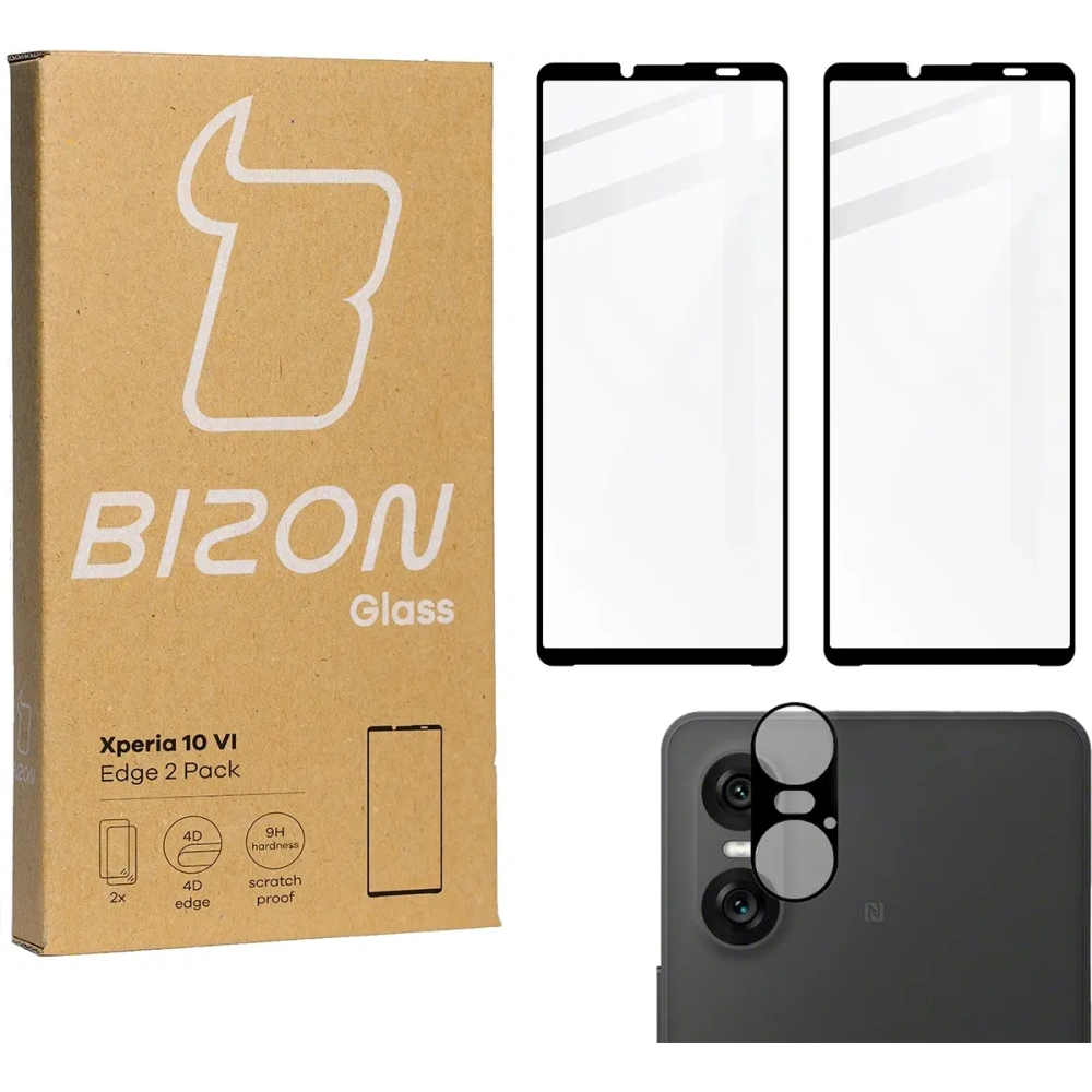 2x Szkło hartowane na ekran z ramką + szkło na aparat Bizon Edge do Xperia 10 VI