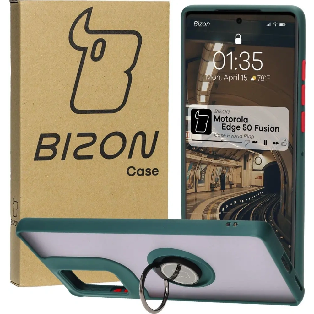 Etui z uchwytem na palec Bizon Case Hybrid Ring do Motorola Edge 50 Fusion przydymione z ciemnozieloną ramką
