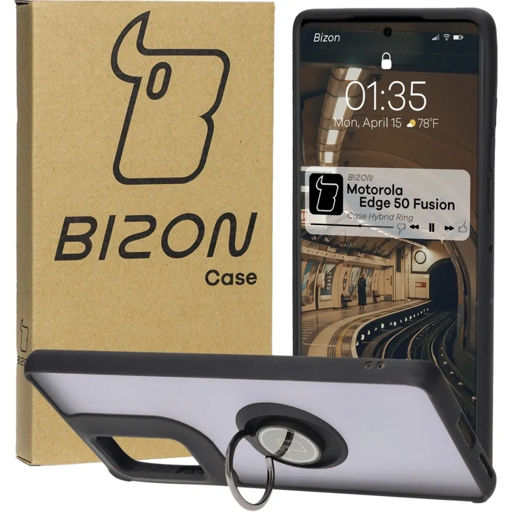Etui z uchwytem na palec Bizon Case Hybrid Ring do Motorola Edge 50 Fusion przydymione z czarną ramką