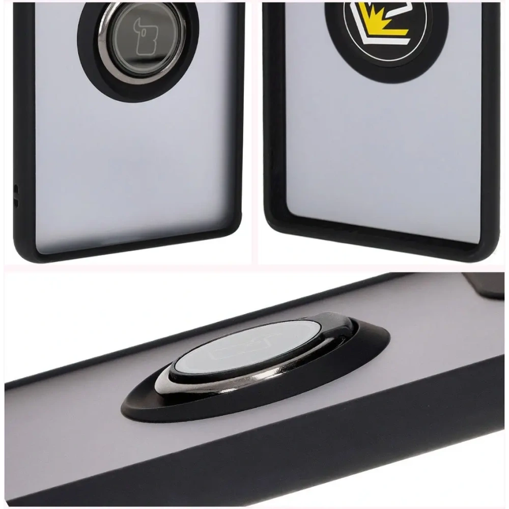 Etui z uchwytem na palec Bizon Case Hybrid Ring do Motorola Edge 50 Fusion przydymione z czarną ramką