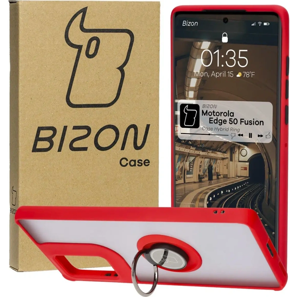 Etui z uchwytem na palec Bizon Case Hybrid Ring do Motorola Edge 50 Fusion przydymione z czerwoną ramką