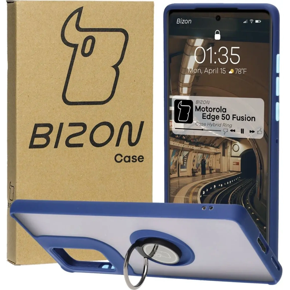 Etui z uchwytem na palec Bizon Case Hybrid Ring do Motorola Edge 50 Fusion przydymione z granatową ramką