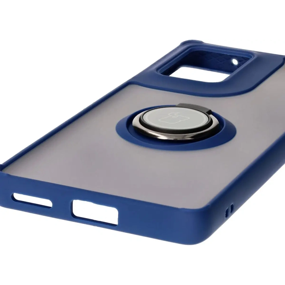 Etui z uchwytem na palec Bizon Case Hybrid Ring do Motorola Edge 50 Fusion przydymione z granatową ramką