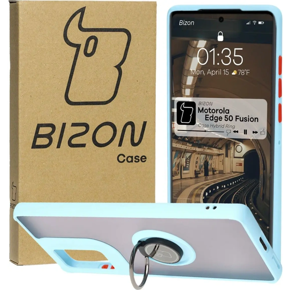 Etui z uchwytem na palec Bizon Case Hybrid Ring do Motorola Edge 50 Fusion przydymione z jasnoniebieską ramką
